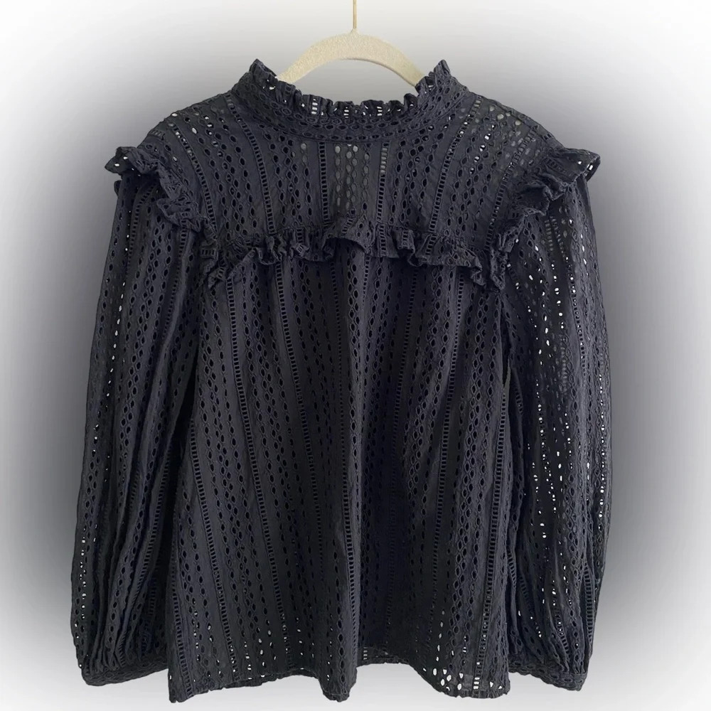 MADEWELL Black Cotton Feminine Boho Eyelet  Tie Back Blouse Size XXS/XS